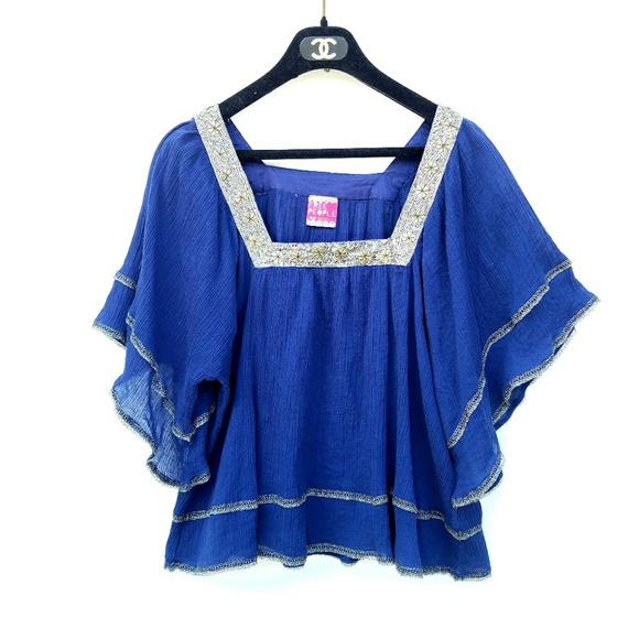 Free People Tops - Free People Cobalt Blue Beaded Shirred Flowy Top